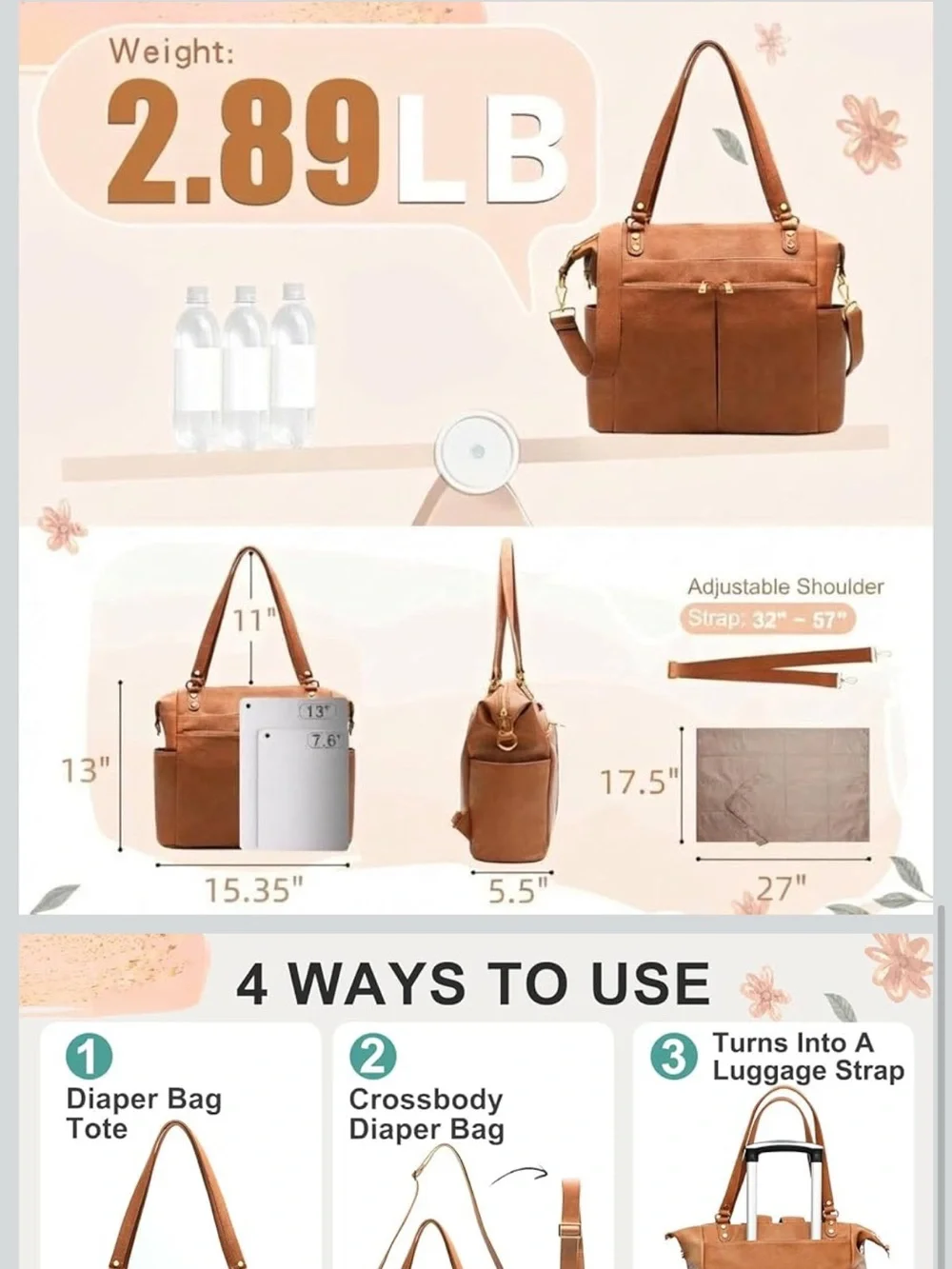Classic Tan Baby Bag Tote with Adjustable Shoulder Strap